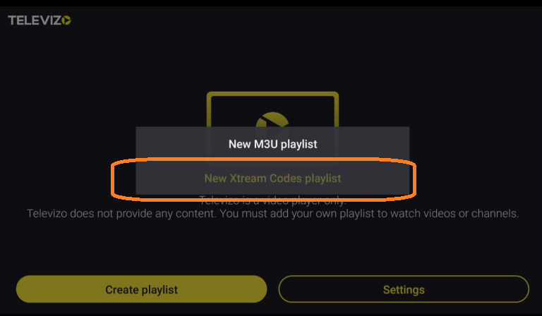 Televizo playlist type selection screen